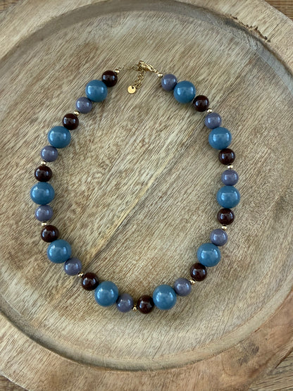 Kralenketting combi blauw/bruin