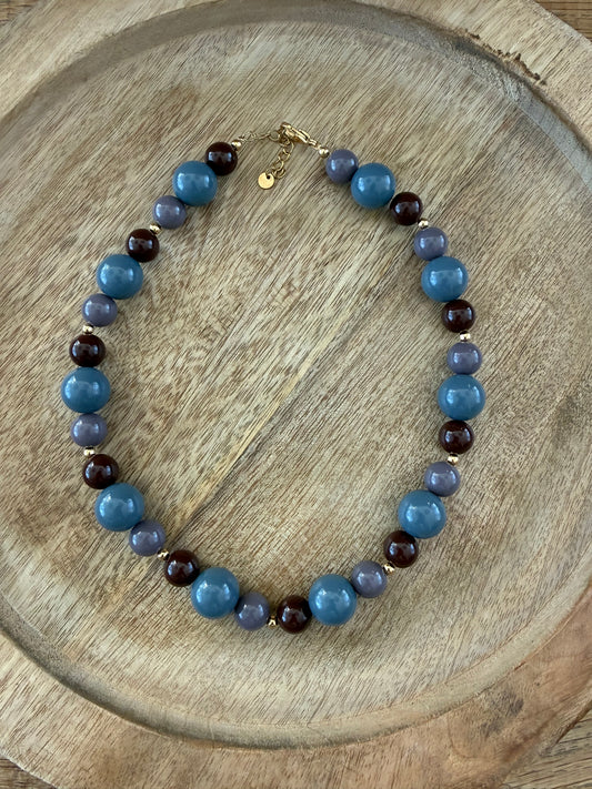 Kralenketting combi blauw/bruin